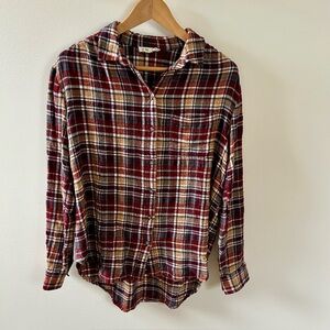 Soft Plaid Button-Up Shirt in Burgundy, Mustard & Navy - Size S - oversized